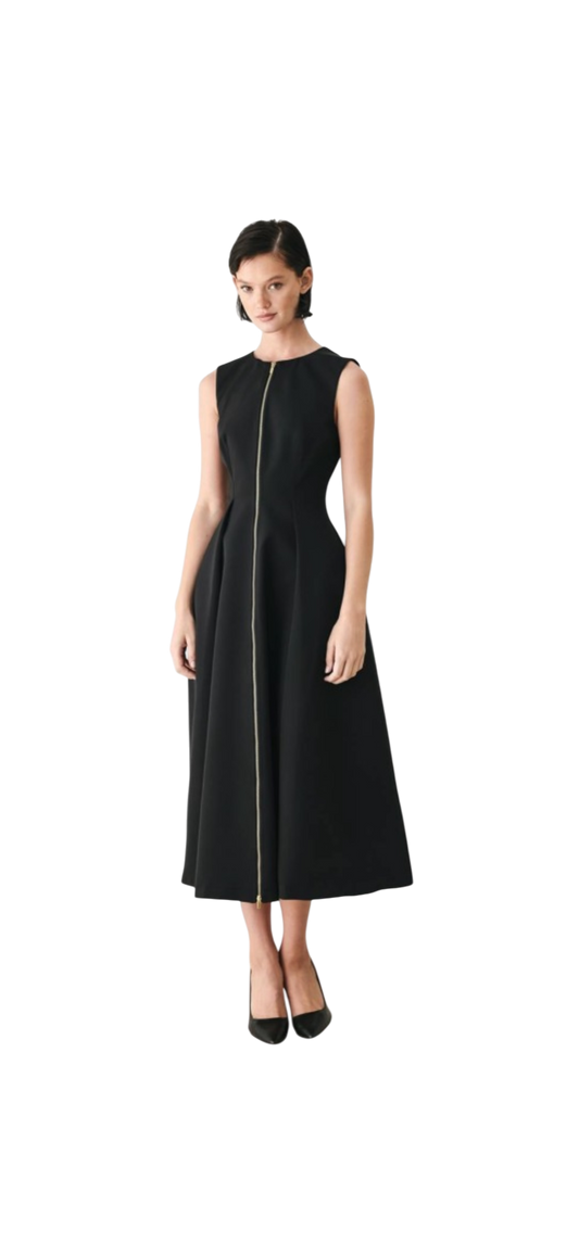 Zip Front Midi Dress - Black