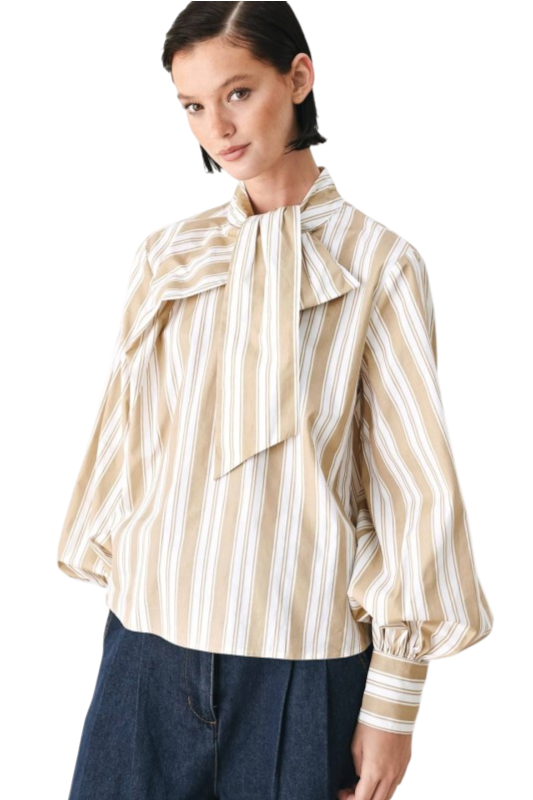 Khaki & White Striped Blouse w/ Tie Detail