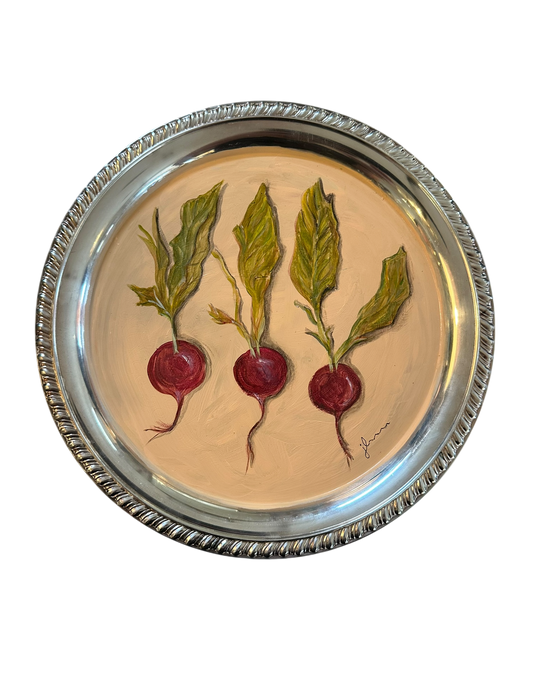 Jenn Leverett Art - Radishes on Round Silver Tray