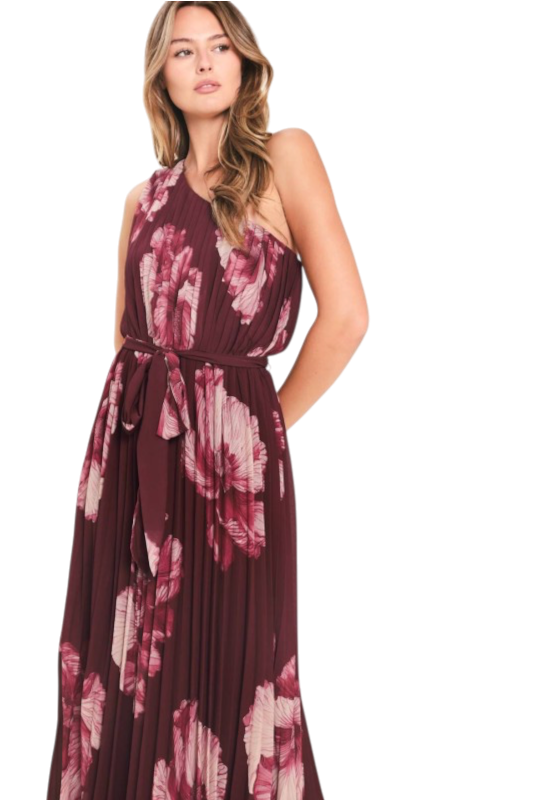 Burgundy Floral Pleated Maxi