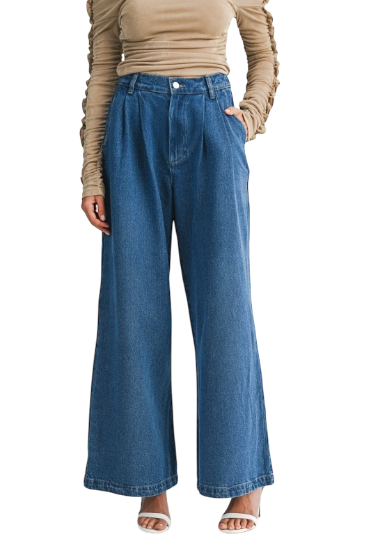 High Rise Pleated Wide Leg Denim Pants