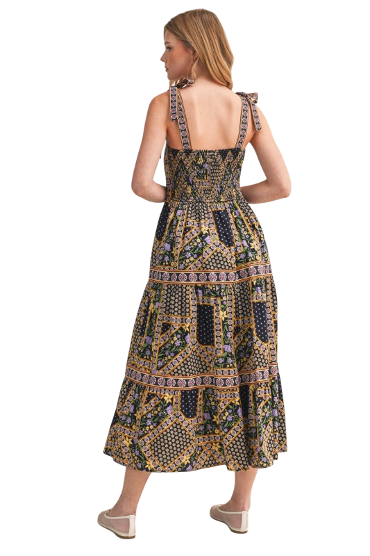 Patchwork Print Tie Shoulder Midi