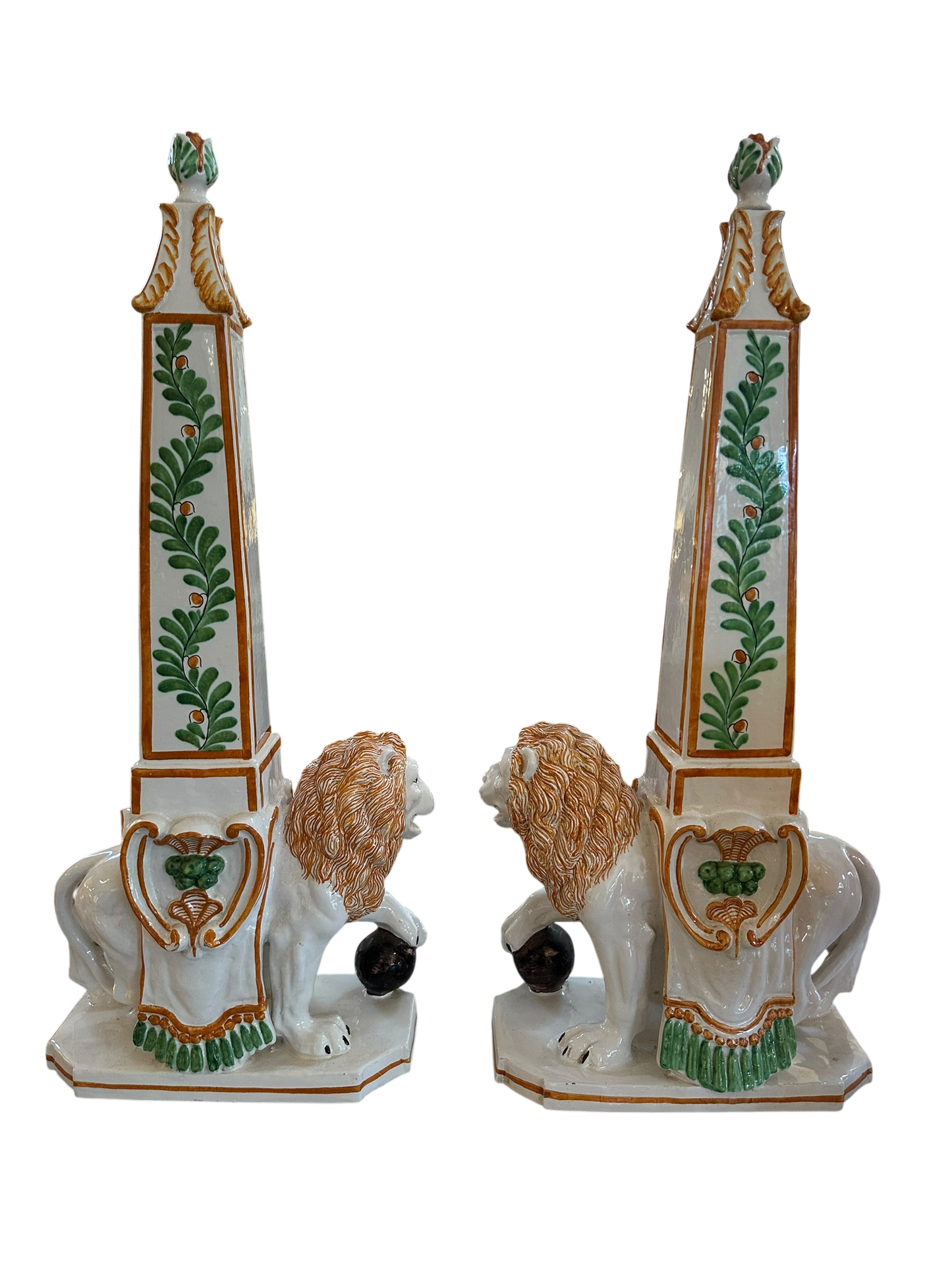 Pair of Italian Majolica Lion Obelisks