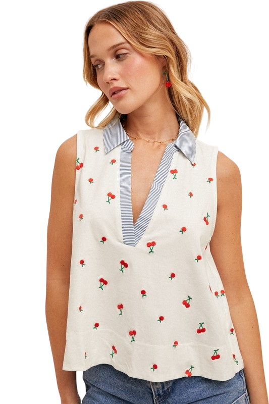 Cherry Embroidered Collared Tank