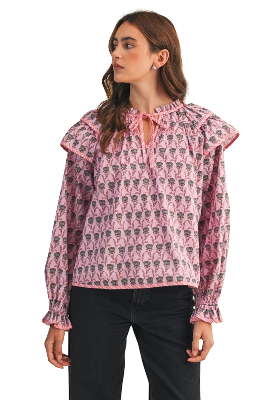 Floral Flutter Sleeve Contrast Binding Top