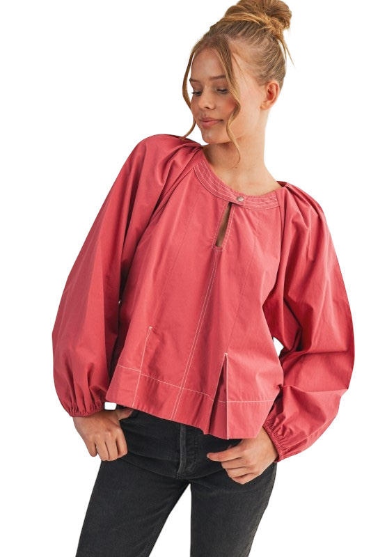 Contrast Stitch Pleated Blouse - Mauve