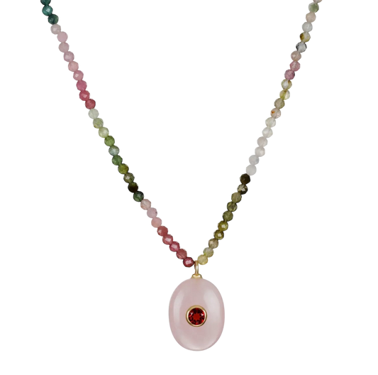 Triple Gemstone Beaded Choker-Tourmaline, Garnet & Rose Qtz