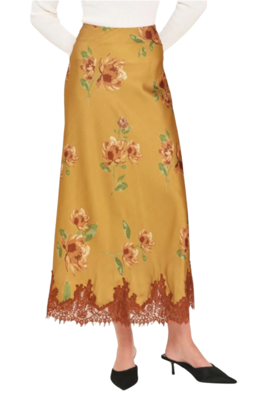 Silk Floral Lace Trim Skirt