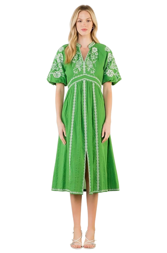 Green Embroidered Puff Sleeve Midi