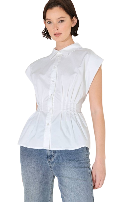 Cap Sleeve Pleated Top - White