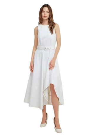 White Denim Belted Midi
