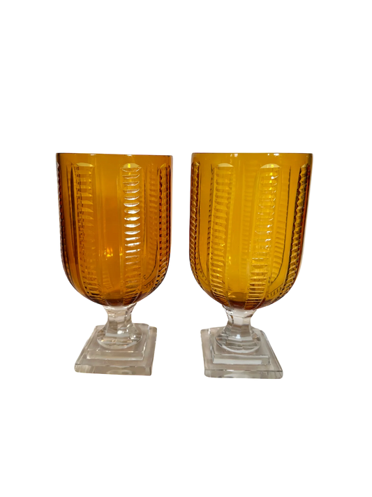 Pair of Etched Amber Glass Hurricanes