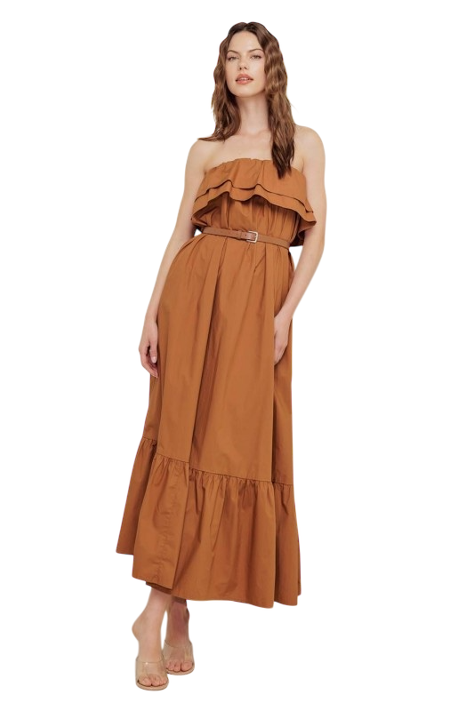 Cognac Poplin Off Shoulder Dress