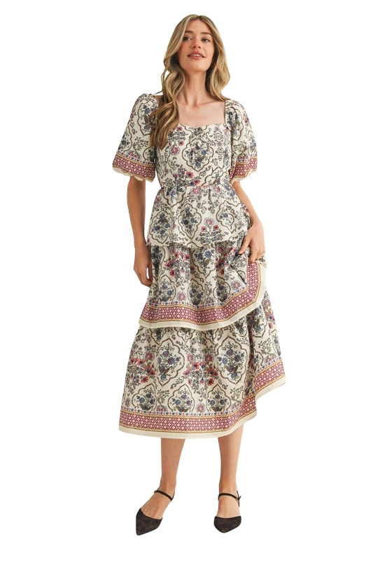 Border Print Tiered Midi Dress