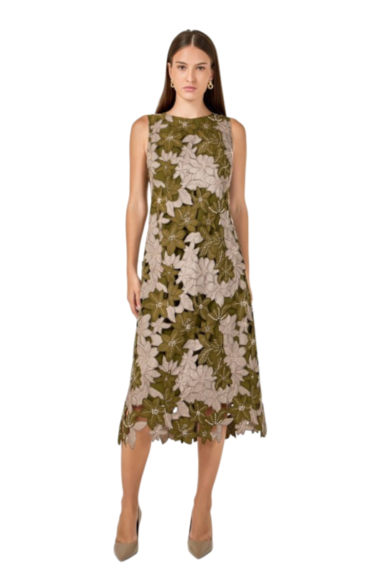 Floral Appliqué Sleeveless Midi Dress