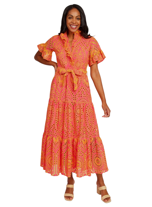 Coral & Yellow Eyelet Maxi