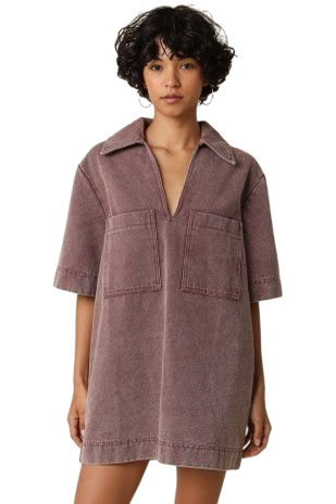 Washed Collar Mini Dress - Brown
