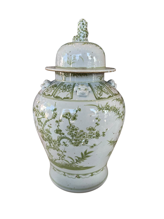 Green & White Ginger Jar w Foo Dog