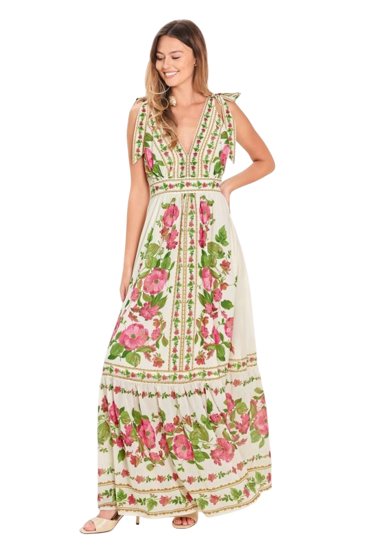 Pink & Green Floral Tie Shoulder Maxi