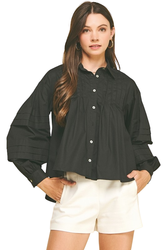 Pleated Button Down Shirt - 3 Colors!