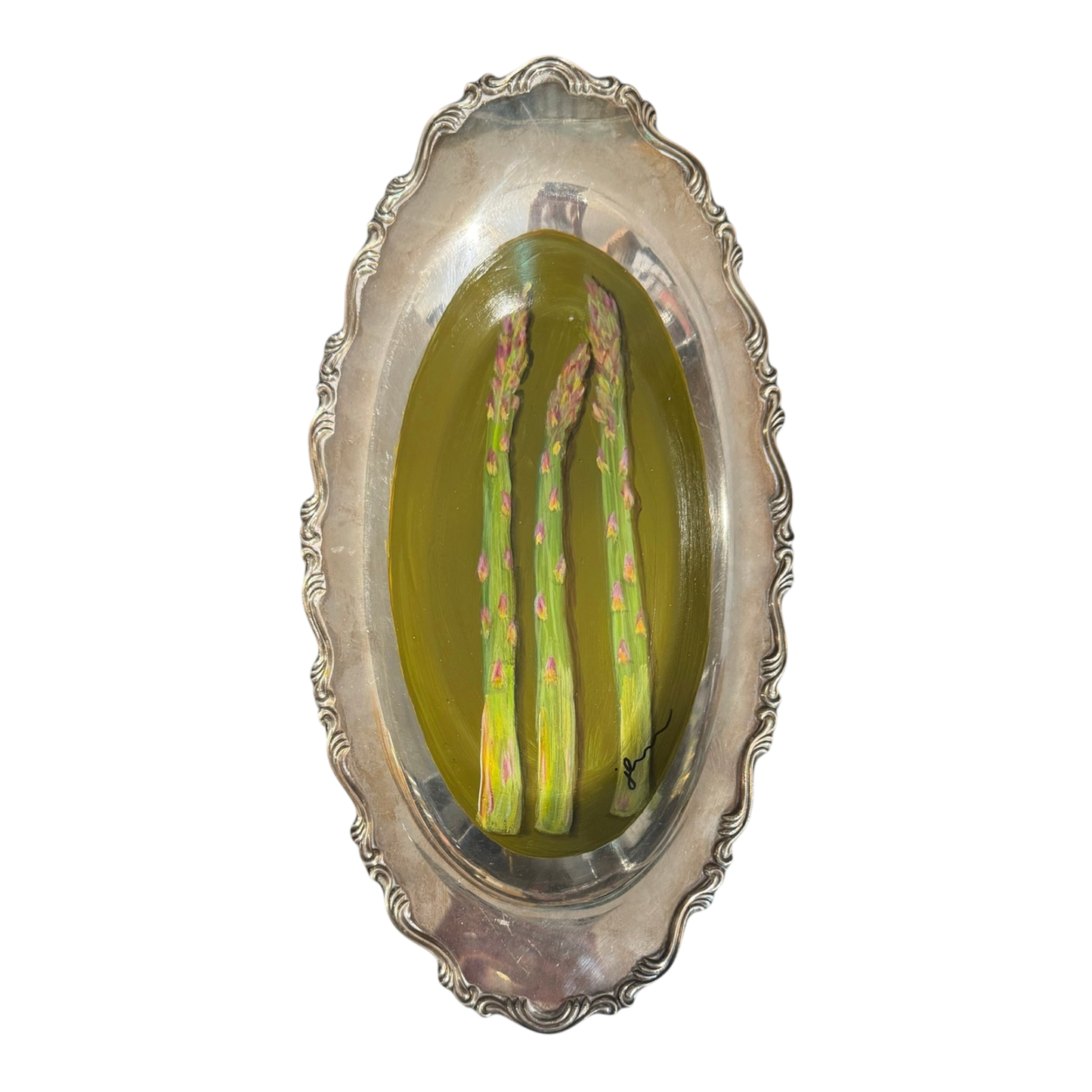 Jenn Leverett Art - Asparagus on Oval Silver / Green