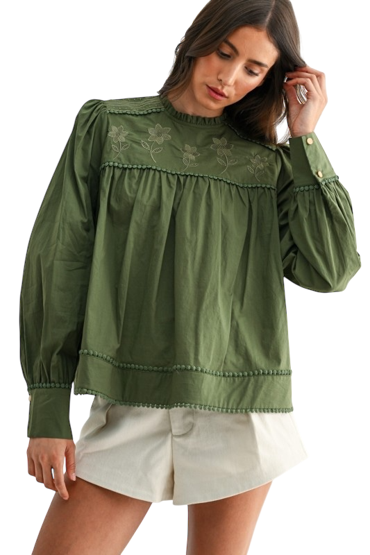 Embroidered Olive Puff Sleeve Blouse