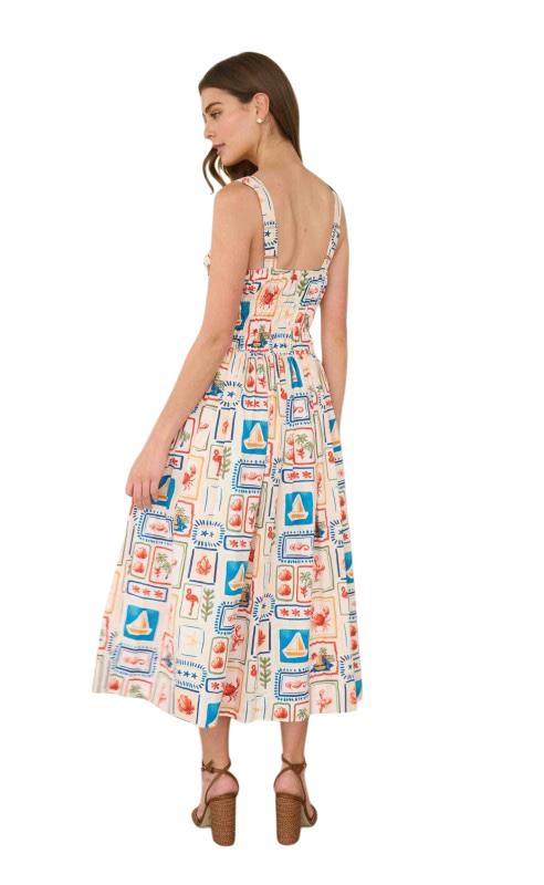 Nautical Tiles Shirred Waist Midi