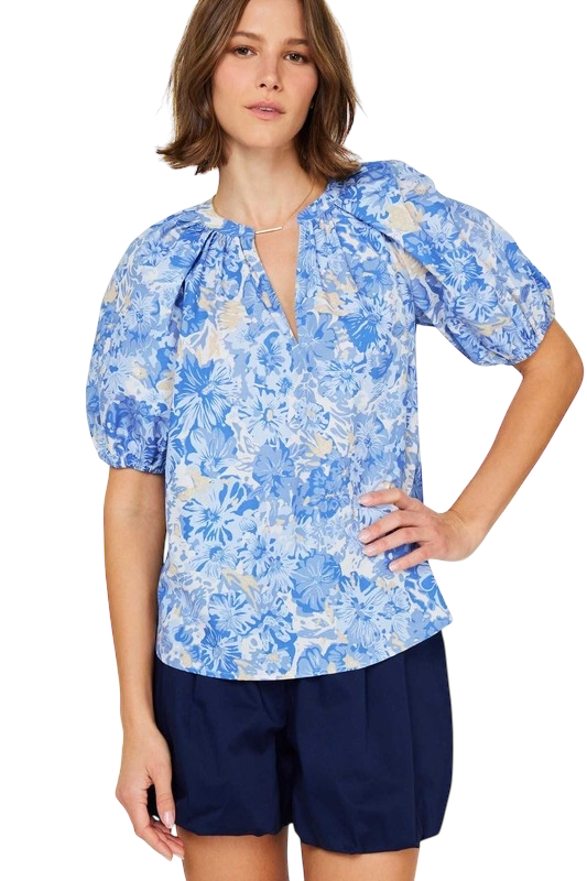 Blue Florals V-Neck Blouse