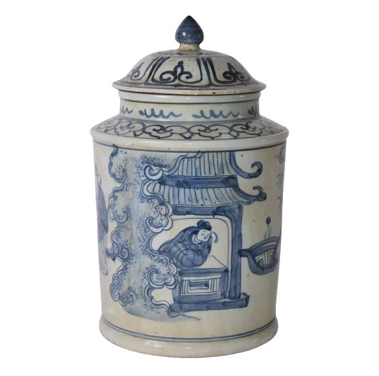Blue and White Ancient People Lidded Jar