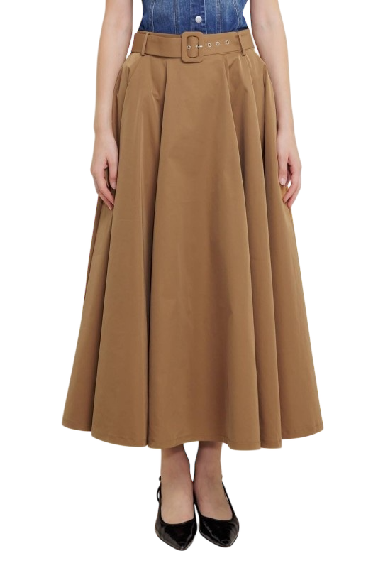 Belted Camel Midi Skirt