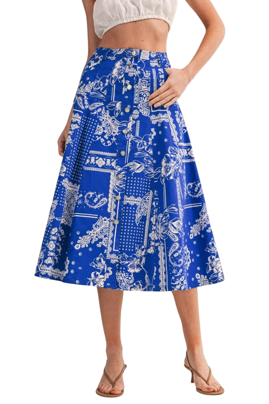 Paisley Denim Midi Skirt - Cobalt