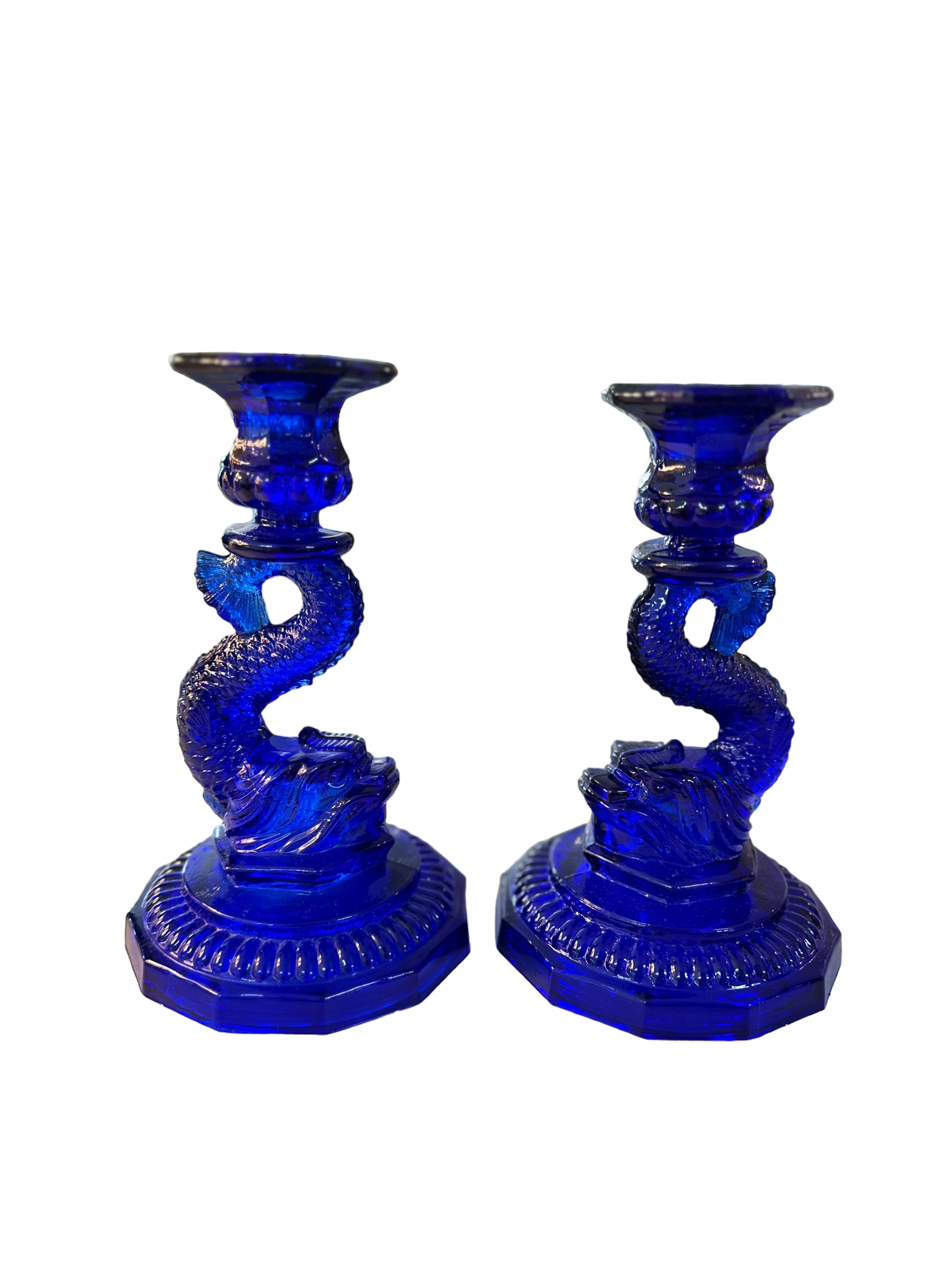 Pair of Vintage Glass Koi Dolphin Candlesticks / Cobalt