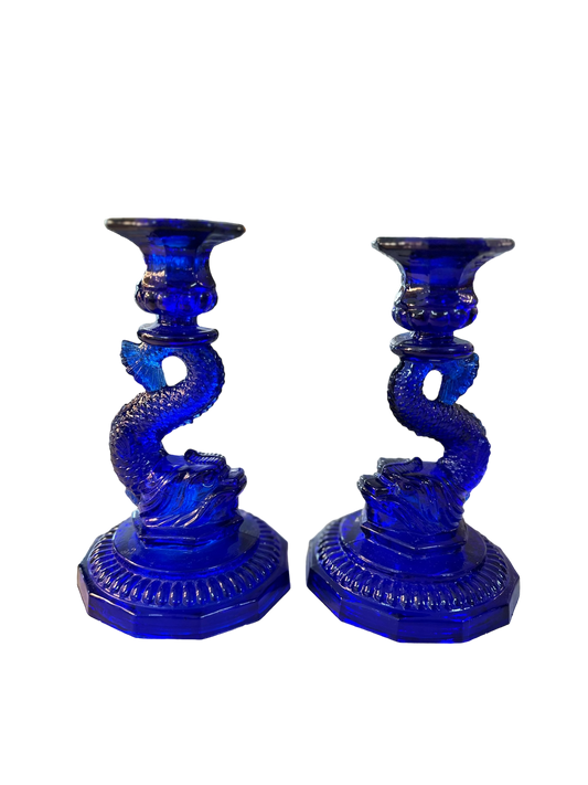 Pair of Vintage Glass Koi Dolphin Candlesticks / Cobalt