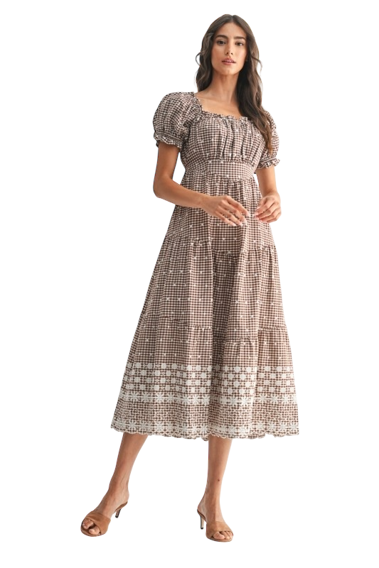 Gingham Puff Sleeve Midi Dress