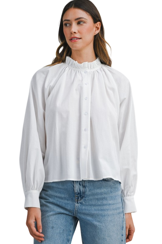 Ruffle Neck Button Down - Off White