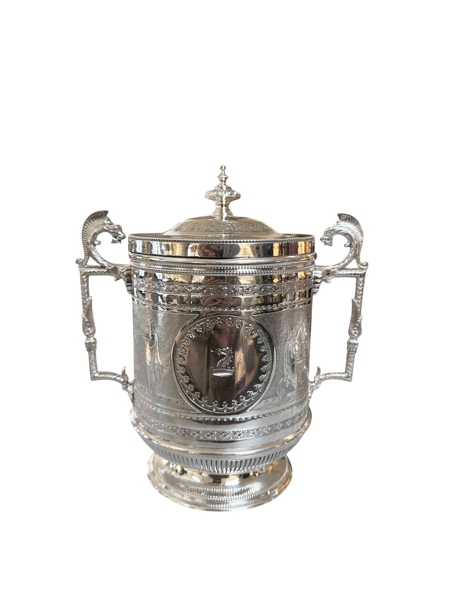 Crested Biscuit Box w/ Roman Scenes English Silver Plate c. 1875