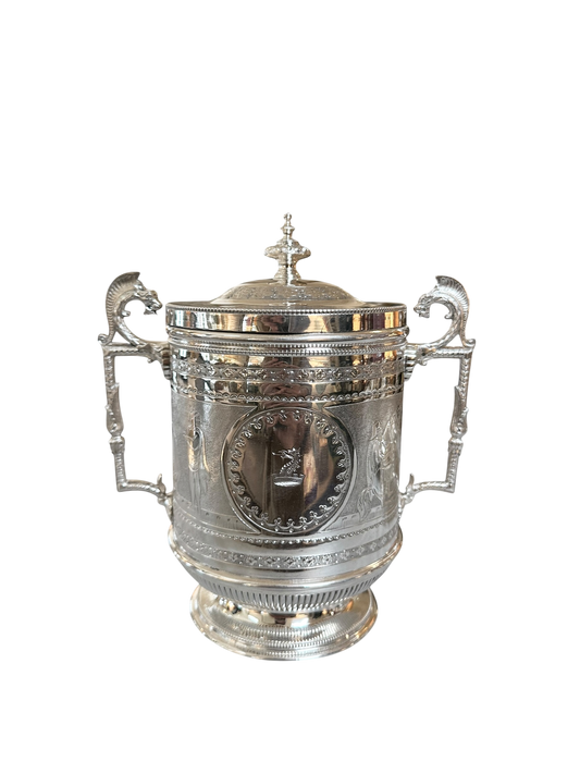 Crested Biscuit Box w/ Roman Scenes English Silver Plate c. 1875