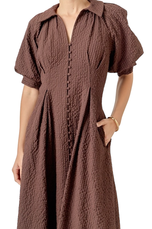 Brown Textured Shirt Midi Dress