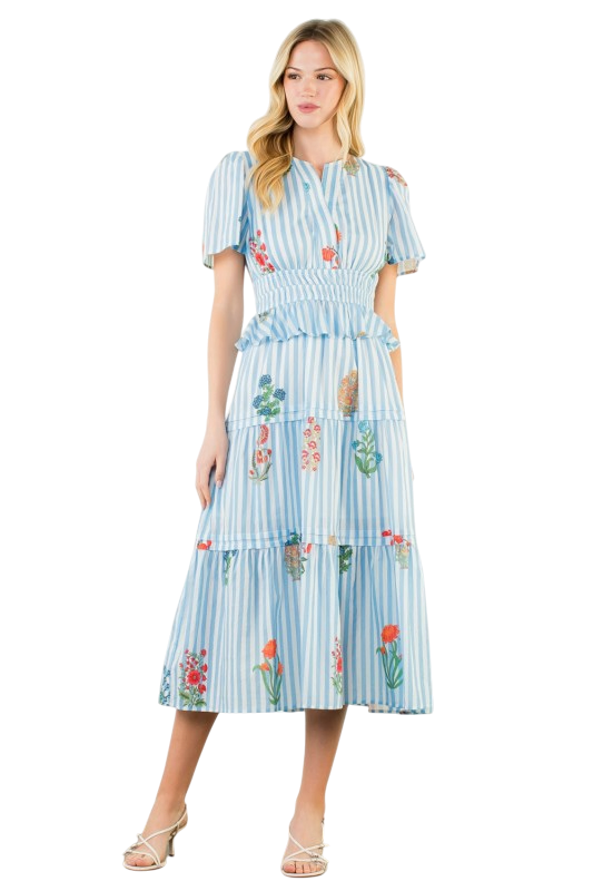 Tiered Blue Floral Stripe Midi