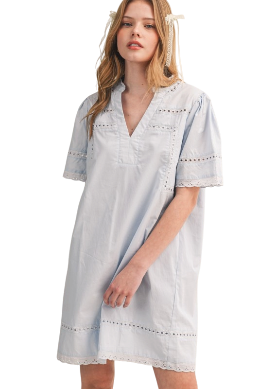 V-Neck Lace Trim Tunic in Sky