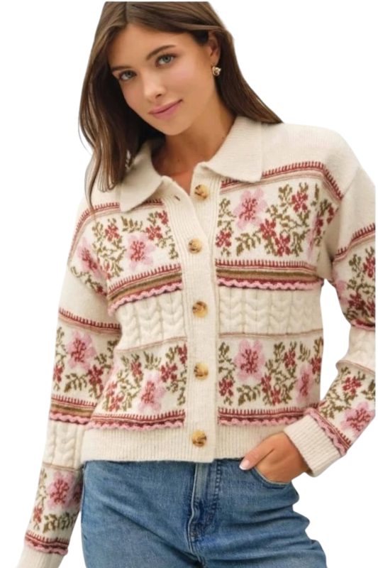 Pink & Olive Floral Collared Sweater