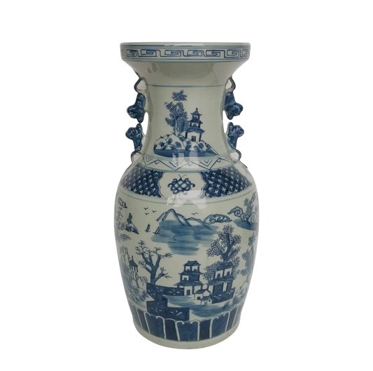Blue & White Landscape Vase w Squirrel Handles