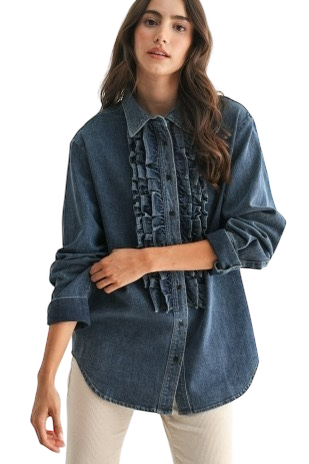 Ruffled Denim Button Down Shirt