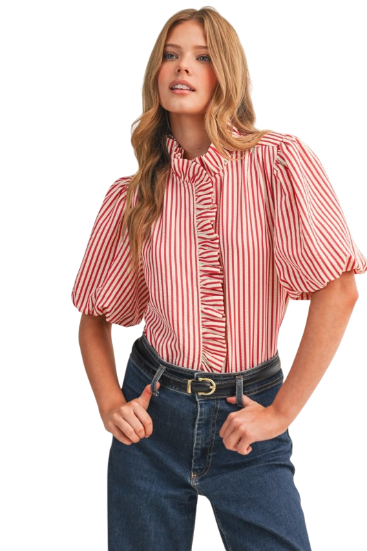 Striped Ruffled Button Down Top - Red