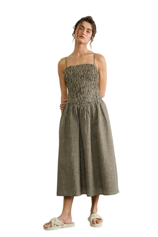 Gingham Smocked Flare Midi Dress