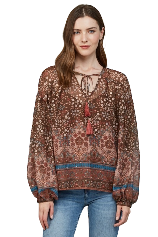 Border Print Split Neck Blouse