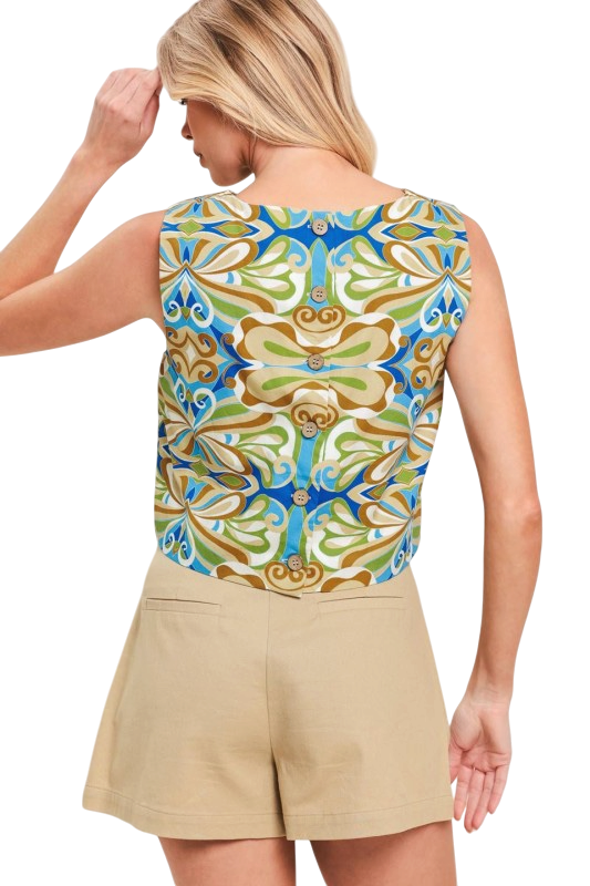 Blue & Green Abstract Crop Top