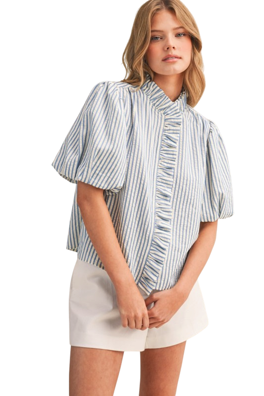 Striped Ruffled Button Down Top - Blue