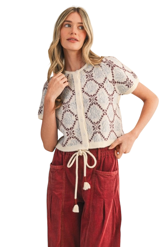 Floral Short Sleeve Cardigan - Ivory/Merlot