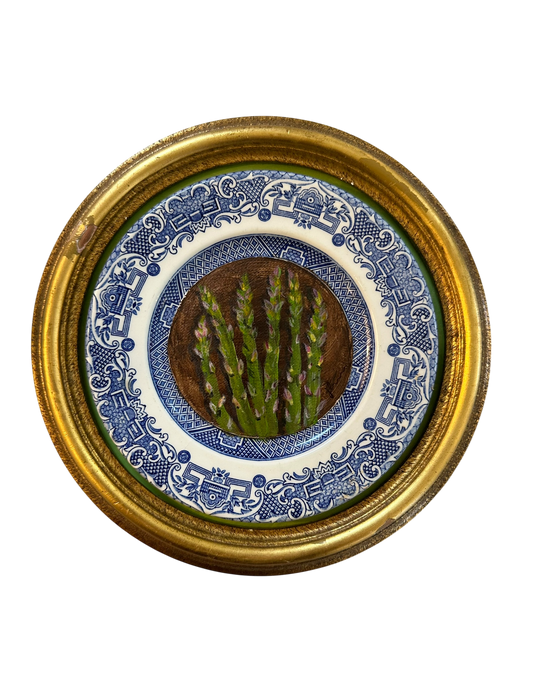 Jenn Leverett Art - Round Framed Asparagus on Blue Willow